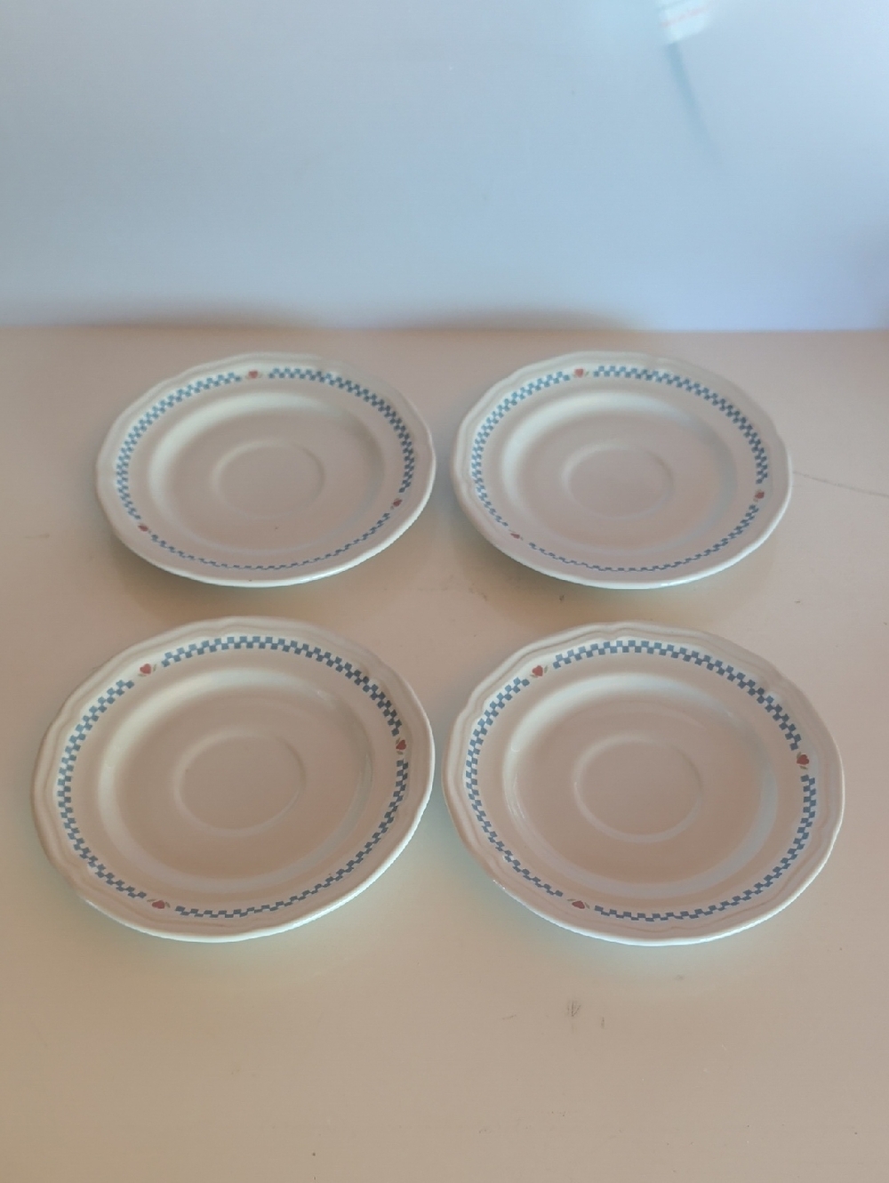 VTG. Stoneware Geese,White Ceramic Saucer Set of 4  with Blue Pattern.
